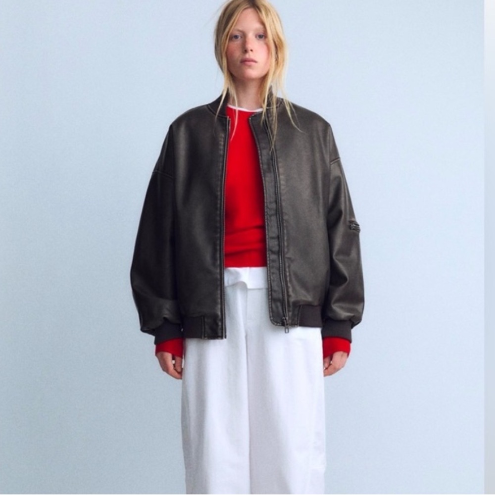 Zara Distressed Oversized Faux Leather Bomber Jacket